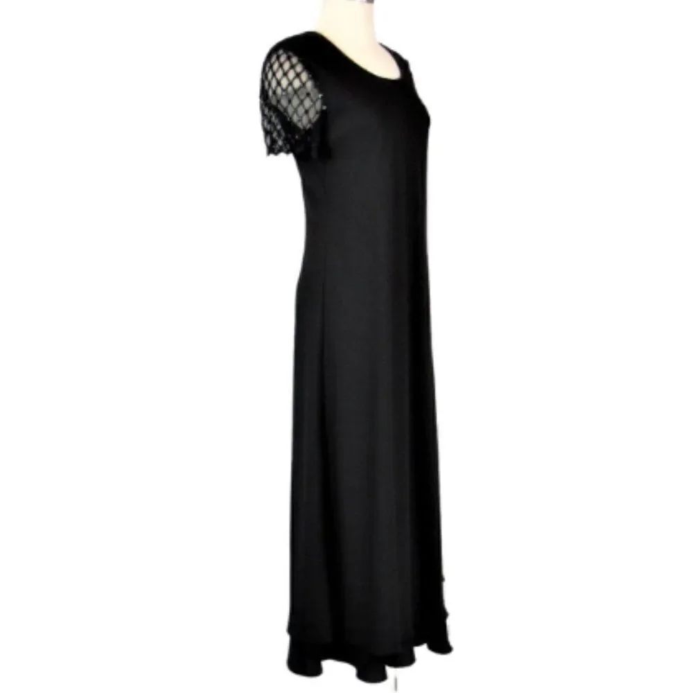 Downton Abby Style Black Beaded Evening Dress Short Sleeve Full Length Size 8
